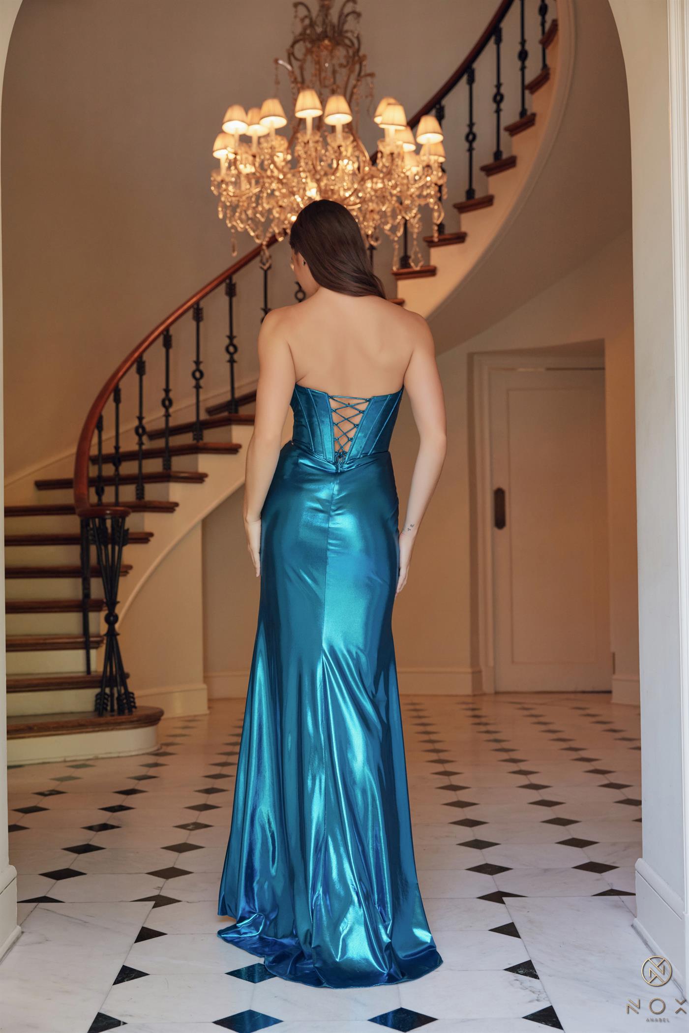 Metallic Fitted Strapless Gown T1499