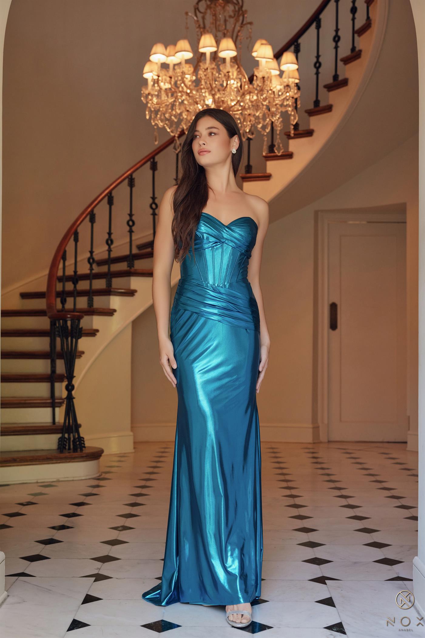 Metallic Fitted Strapless Gown T1499