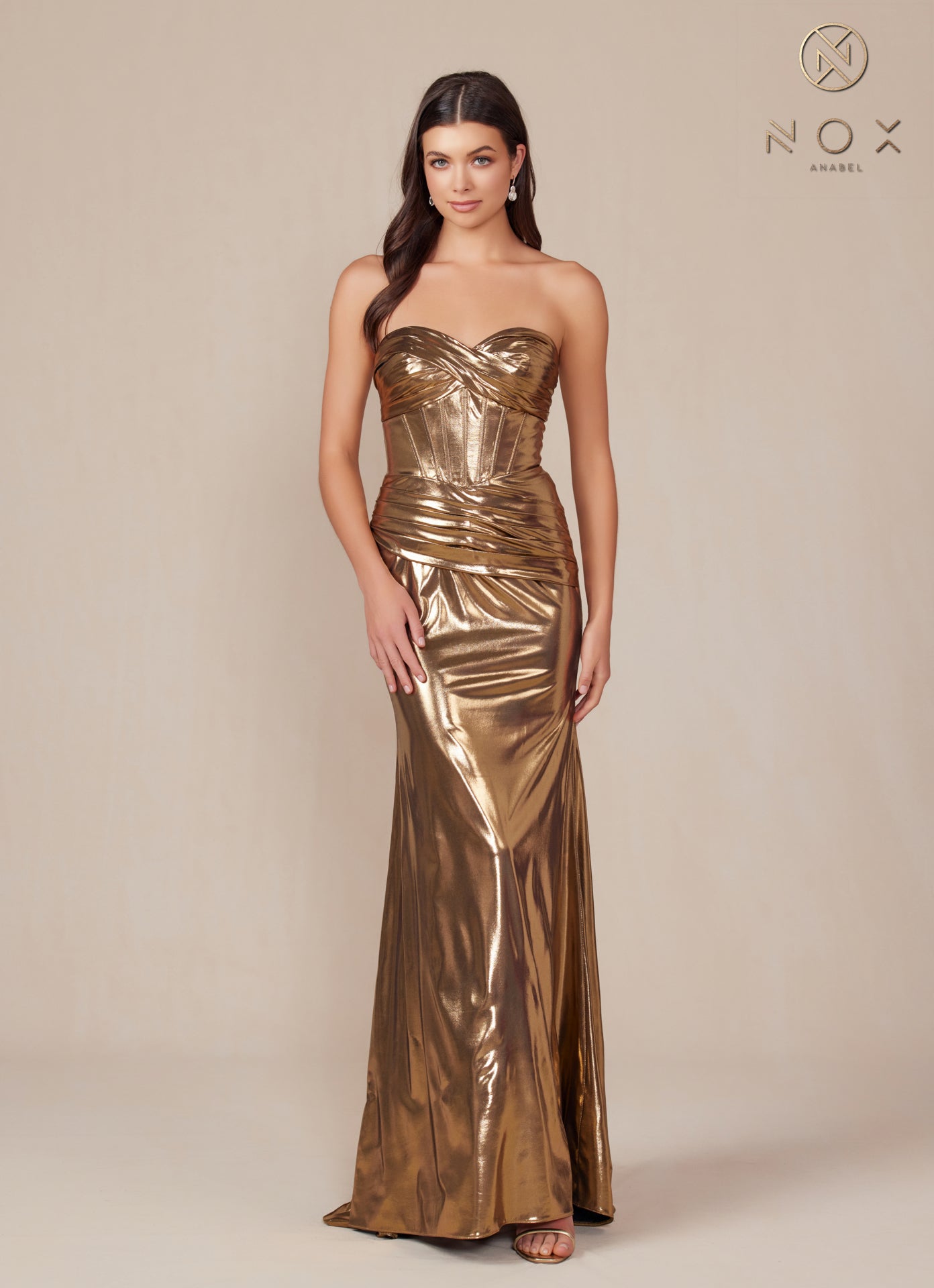 Metallic Fitted Strapless Gown T1499