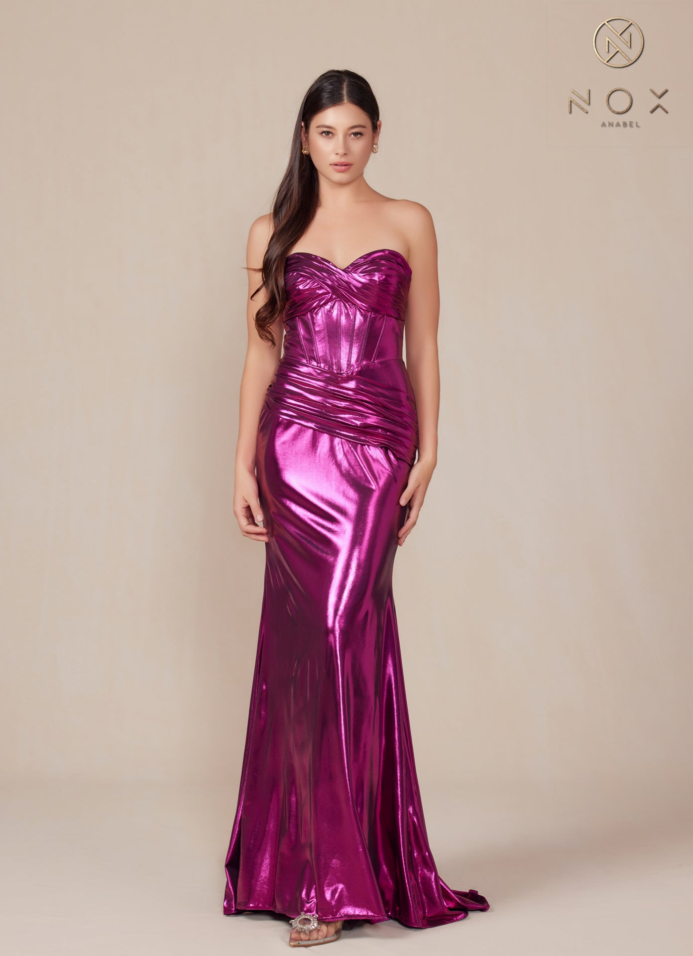 Metallic Fitted Strapless Gown T1499