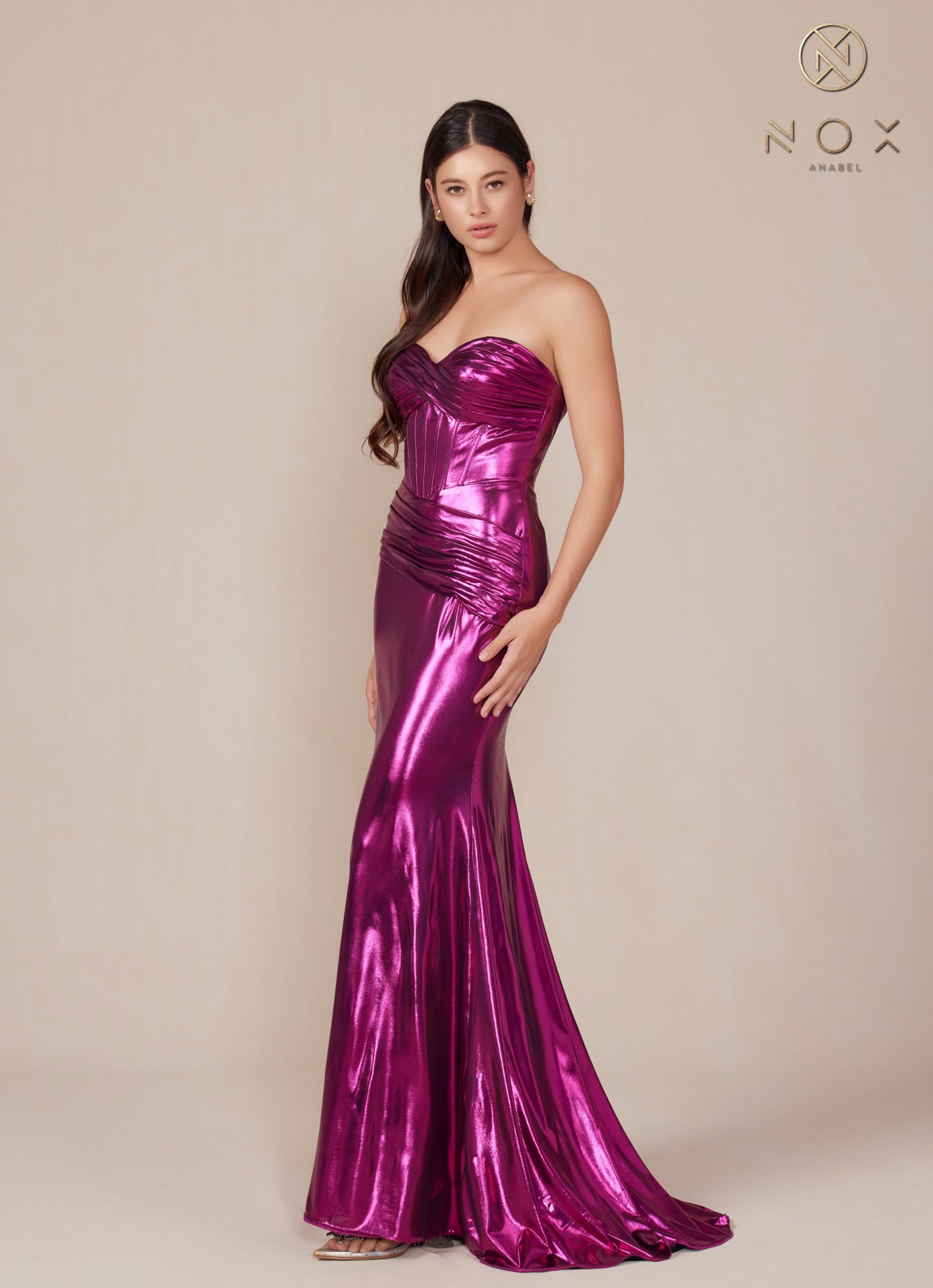 Metallic Fitted Strapless Gown T1499