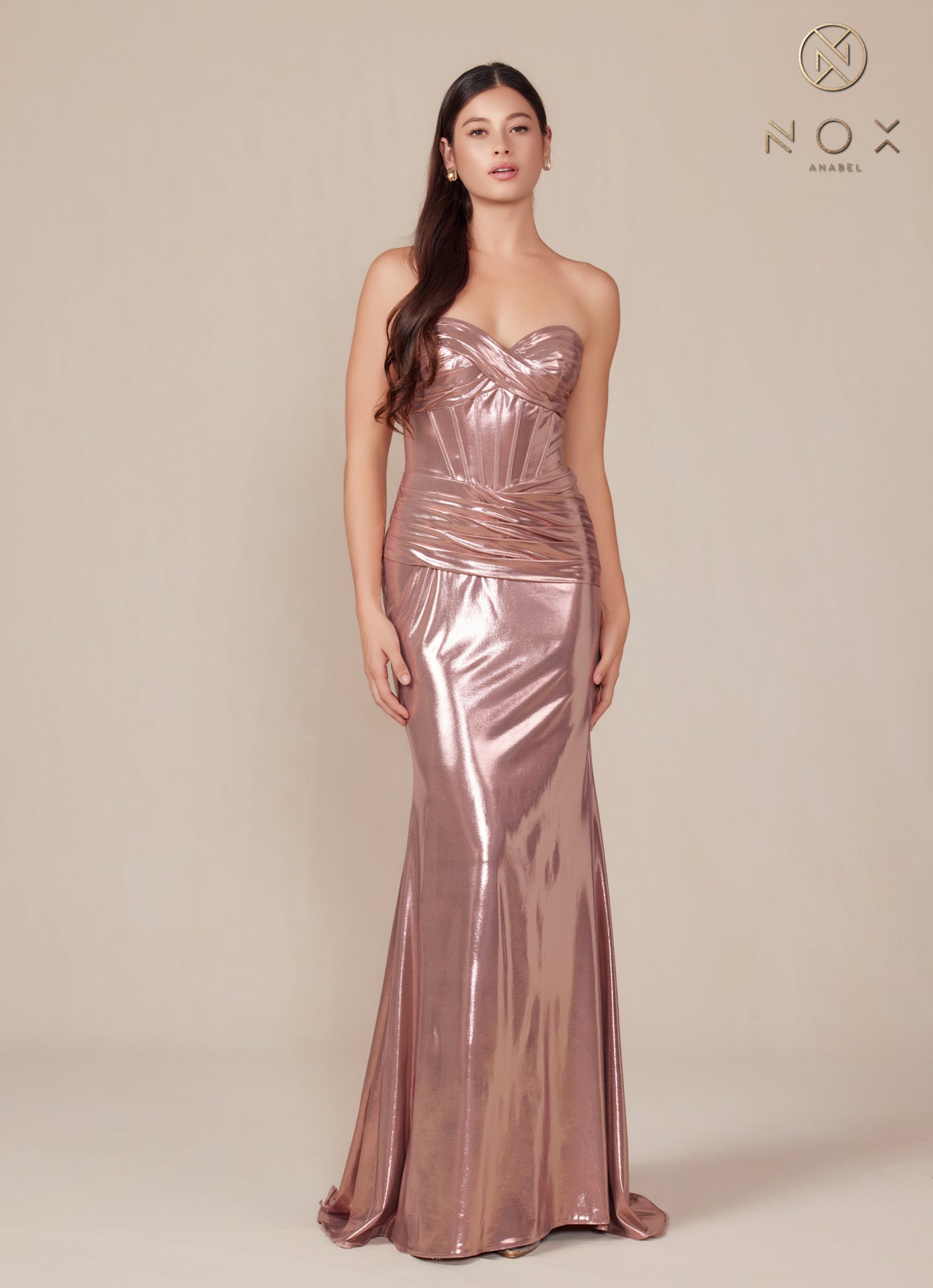 Metallic Fitted Strapless Gown T1499