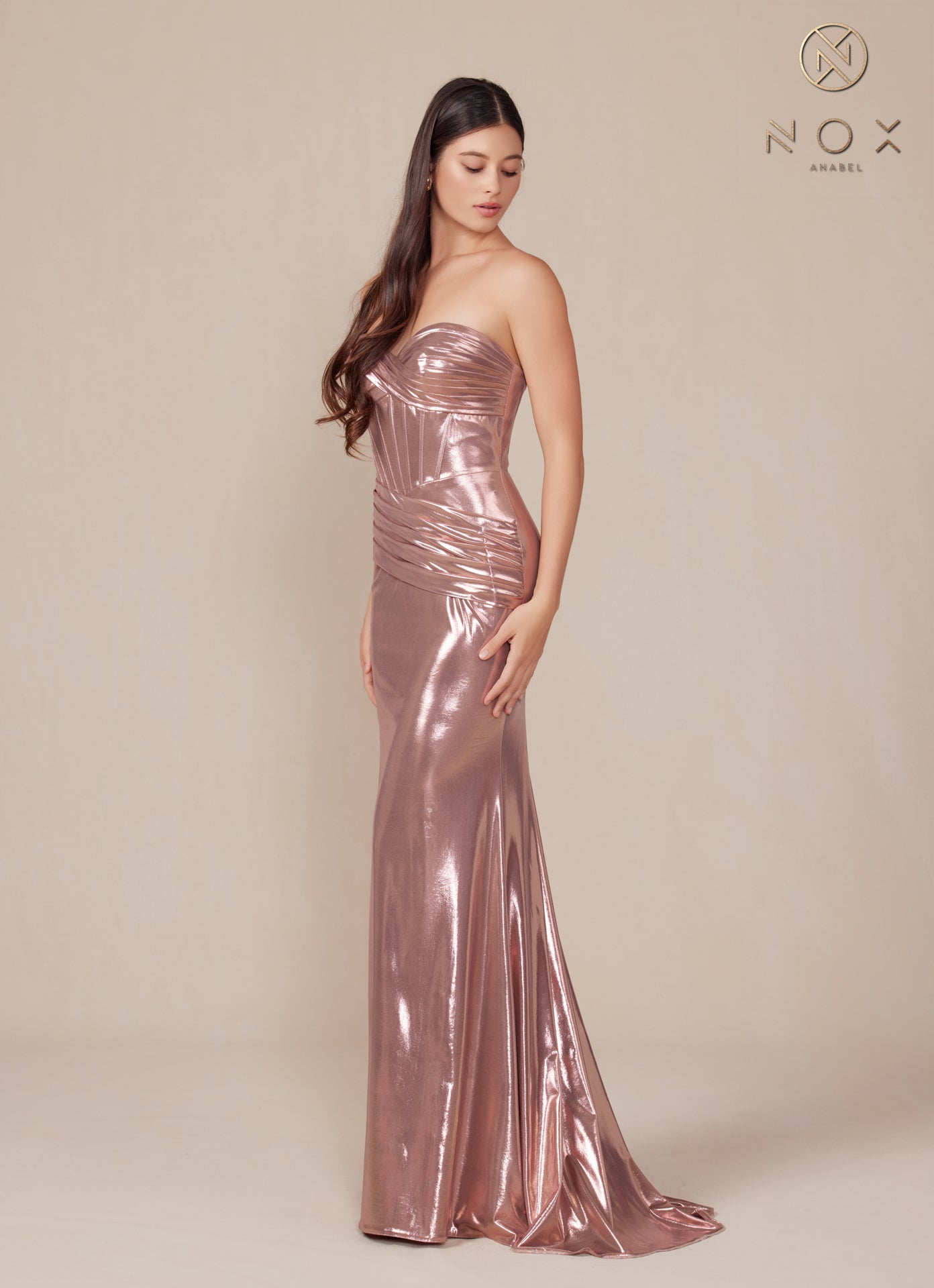 Metallic Fitted Strapless Gown T1499