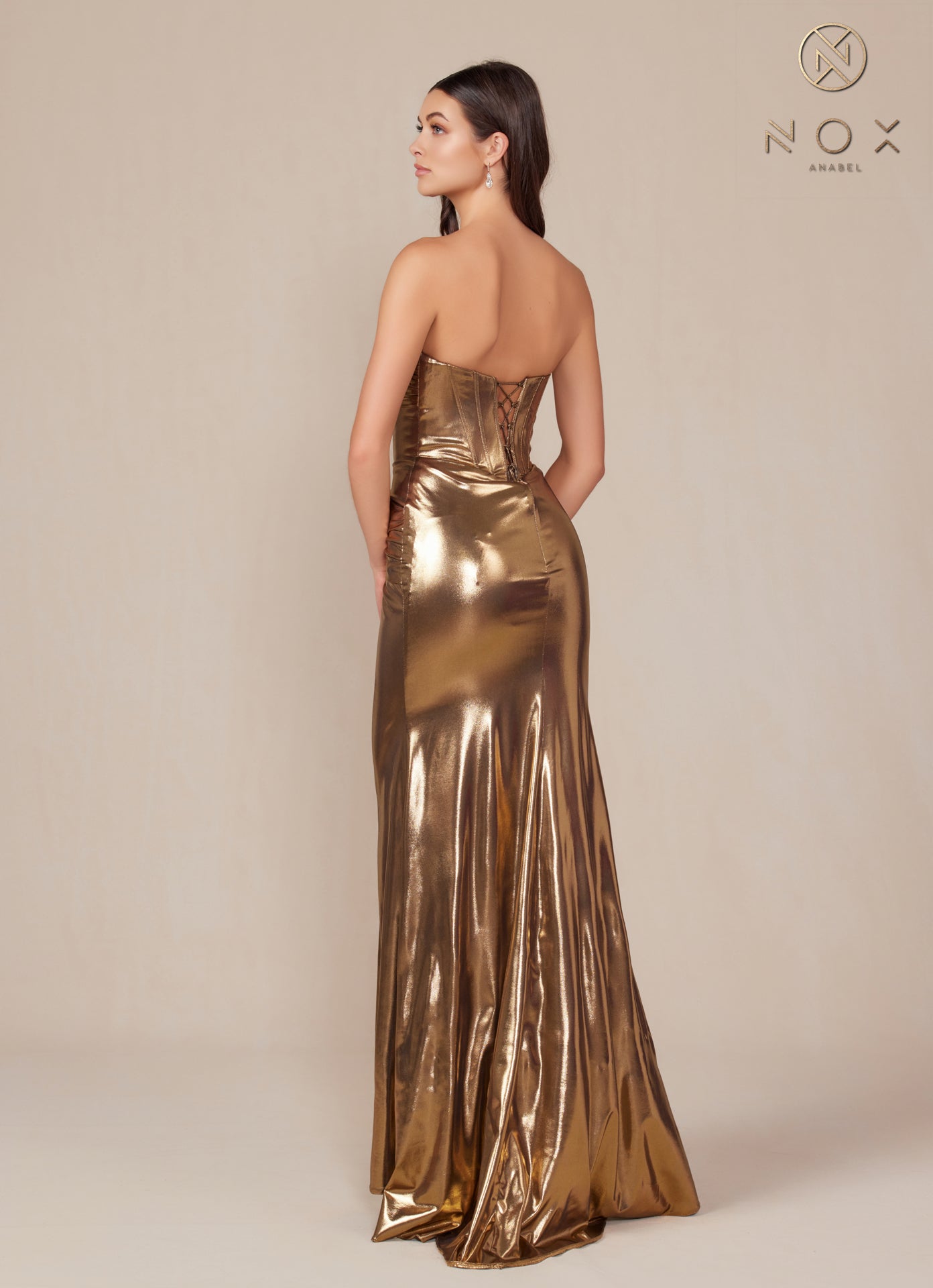 Metallic Fitted Strapless Gown T1499