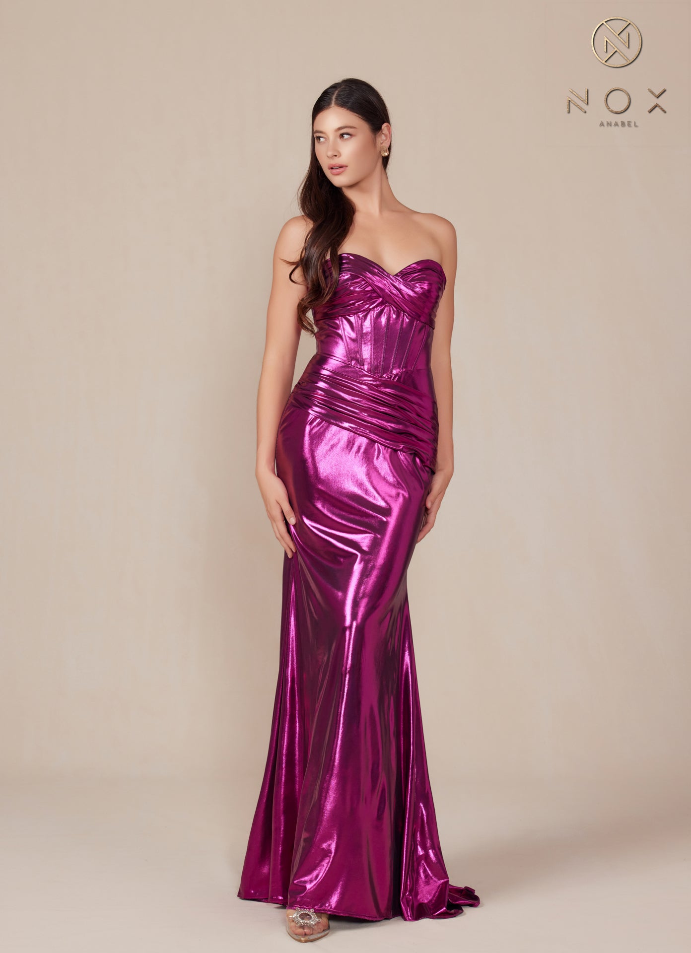 Metallic Fitted Strapless Gown T1499