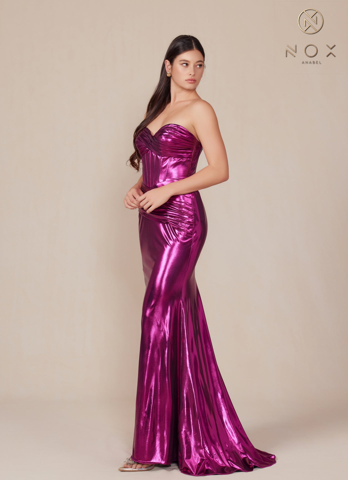 Metallic Fitted Strapless Gown T1499