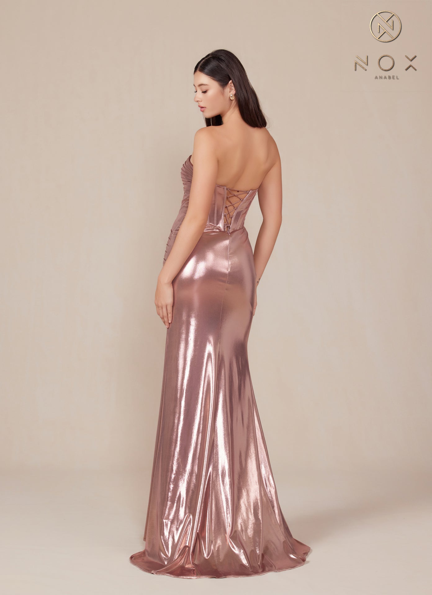 Metallic Fitted Strapless Gown T1499