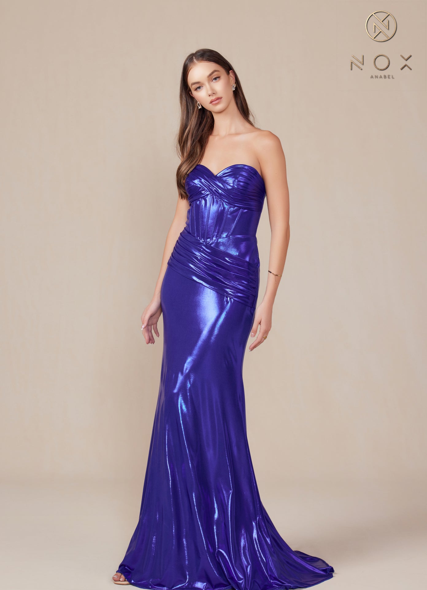 Metallic Fitted Strapless Gown T1499