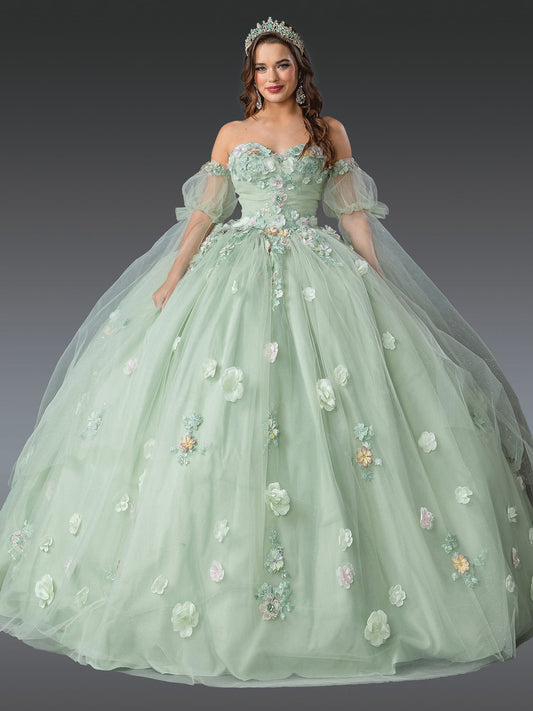 Floral Embellishments Sheer Puffed Sleeves Quinceanera Dress 1945